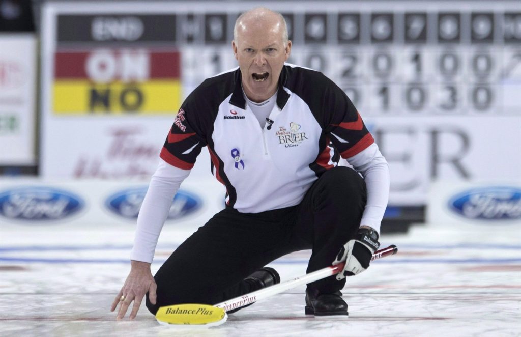 Team Ontario skip Glenn Howard reacts to his final shot in the tenth end during round robin competition against Team Northern Ontario at the Brier curling championship in Ottawa on March 9, 2016