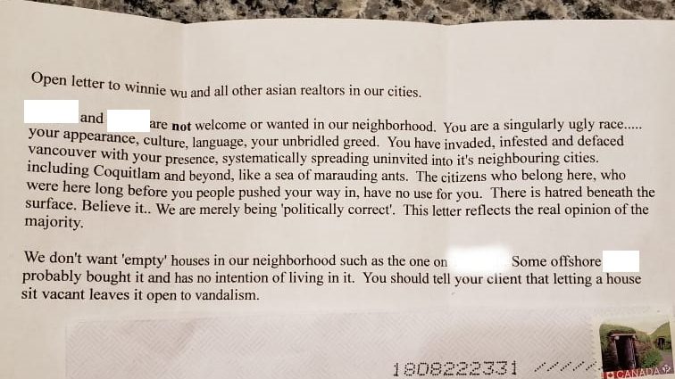 Racist letter sent to Coquitlam realtor | CityNews Vancouver