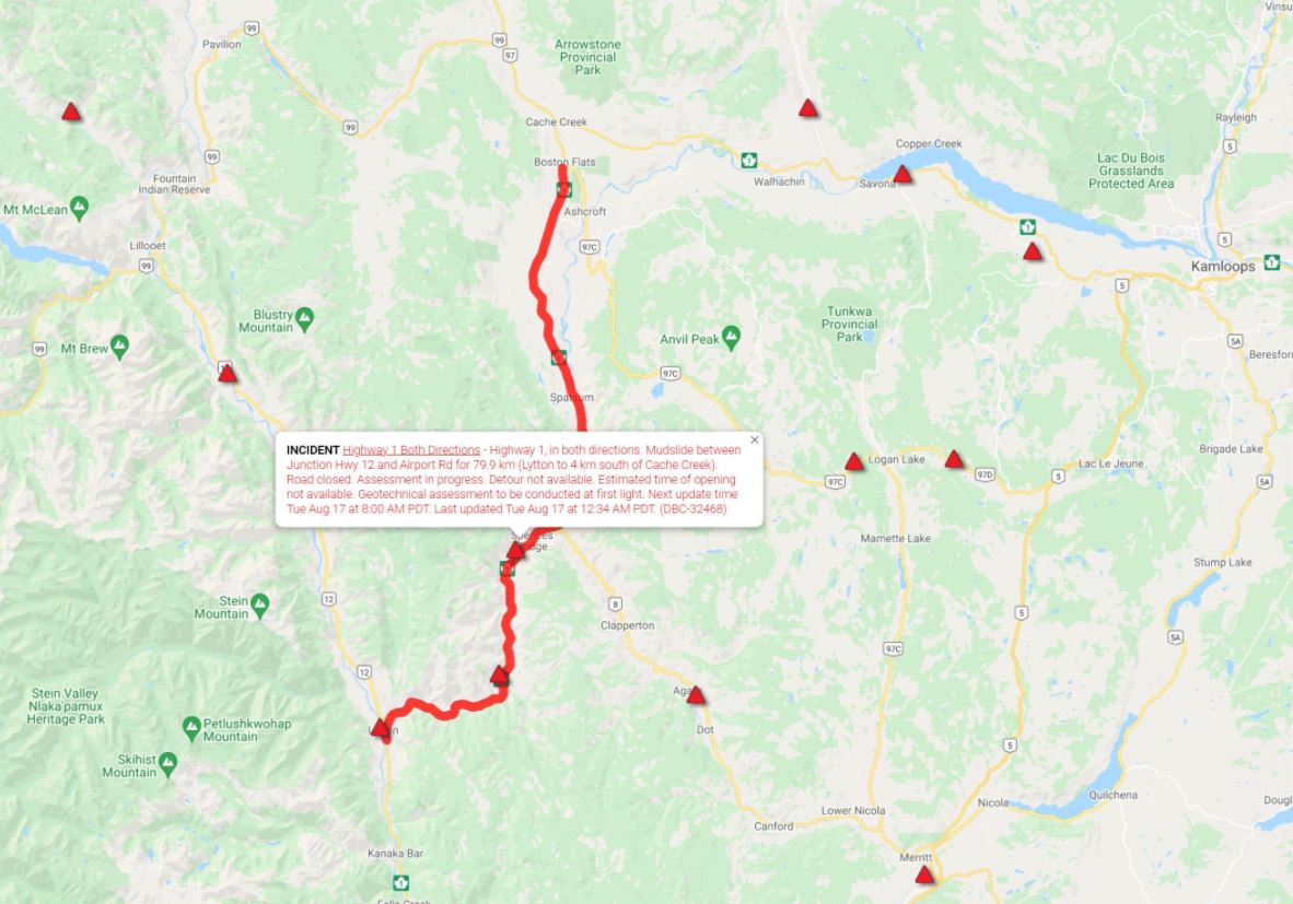 Fraser Canyon Highway Map Highway 1 Closed Between Lytton And Spences Bridge Due To Mudslide