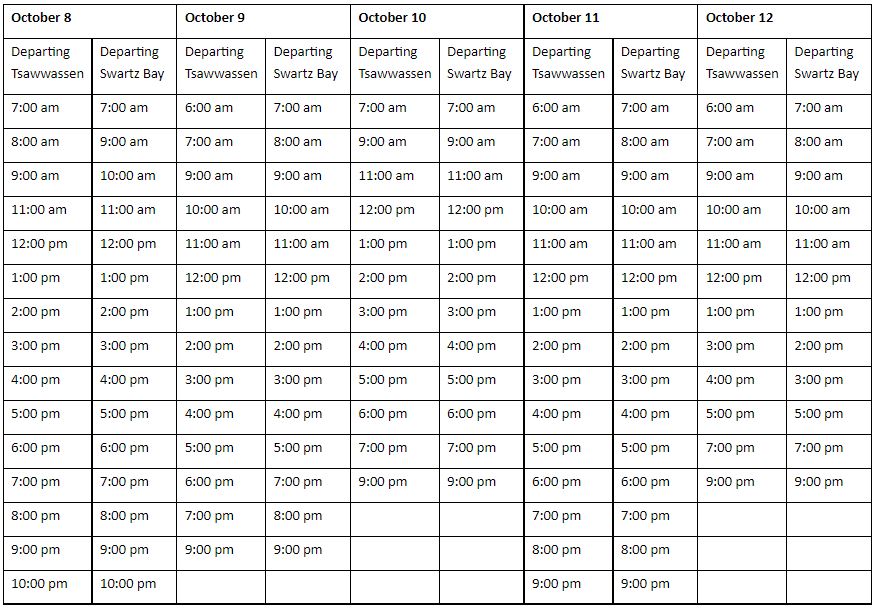 BC Ferries Thanksgiving weekend modified schedule