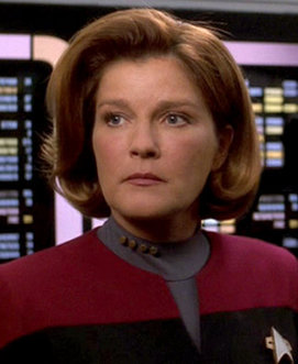 A photo of actress Kate Mulgrew portraying Captain Kathryn Janeway 