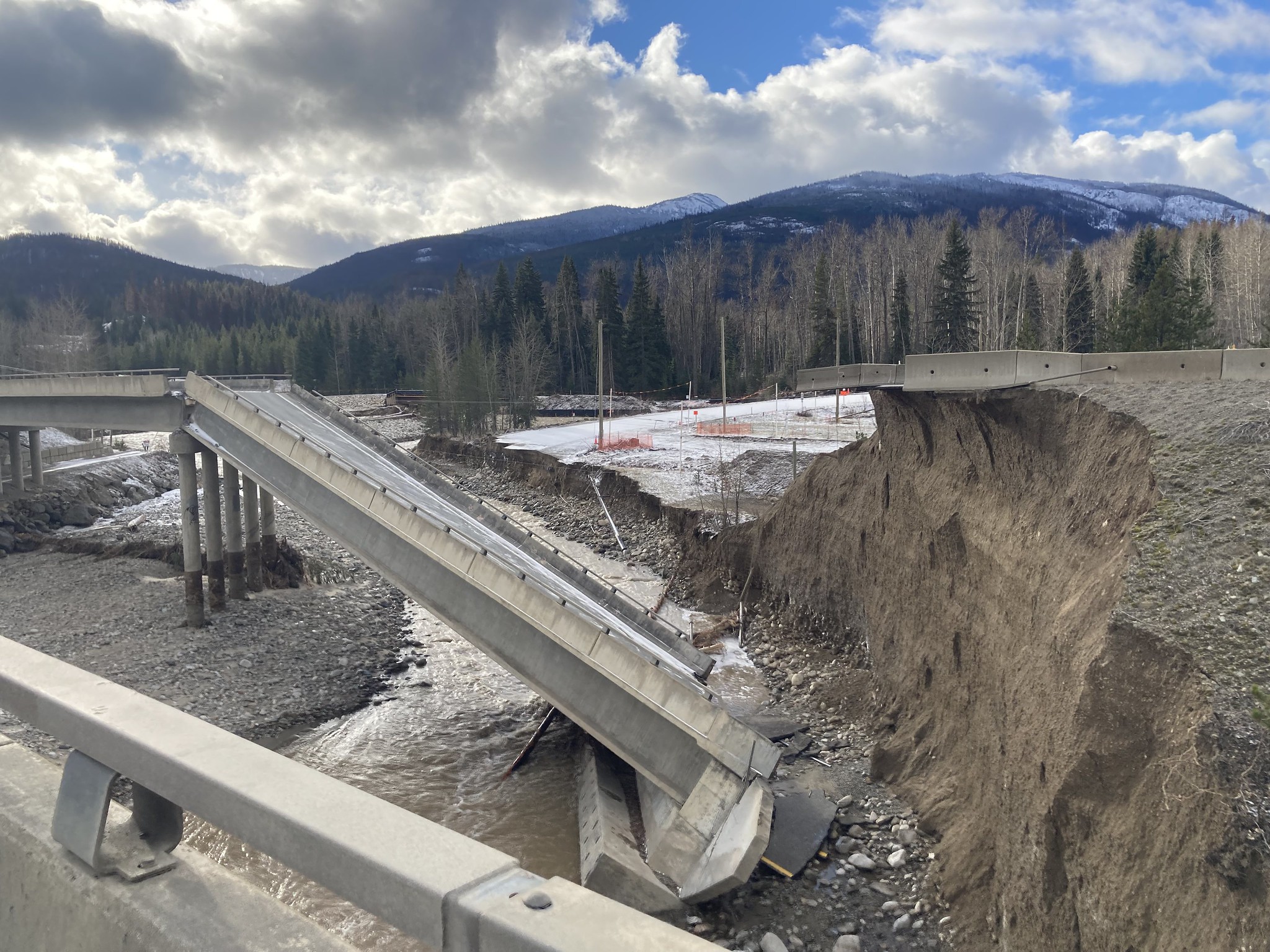 The Coquihalla Highway is pictured from above with extensive damage the the structure due to mudslides