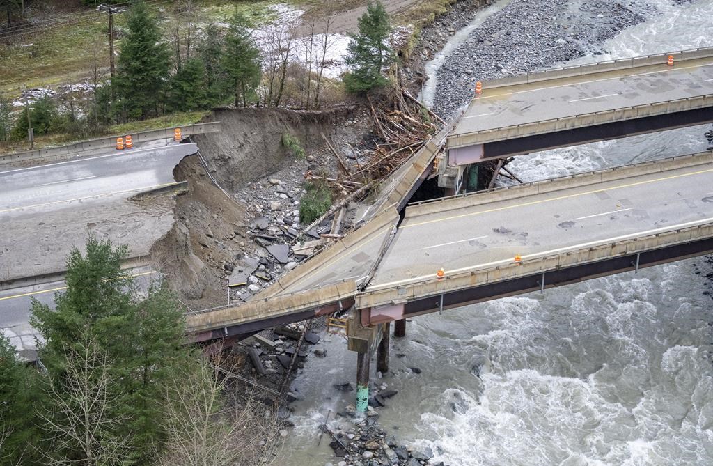 An aerial image of the flood damaged Coquihalla Highway