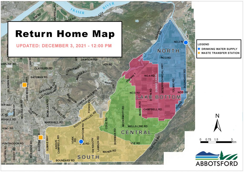 A map of the evacuations in the Sumas Prairie area of Abbotsford due to flooding