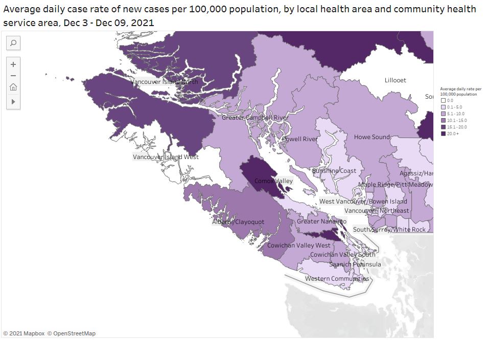 A map showing the covid-19 situation on Vancouver Island