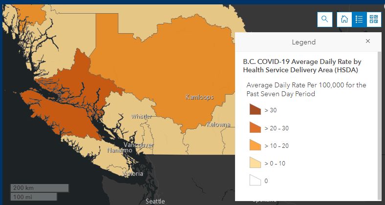 A map of Vancouver Island showing high daily cases