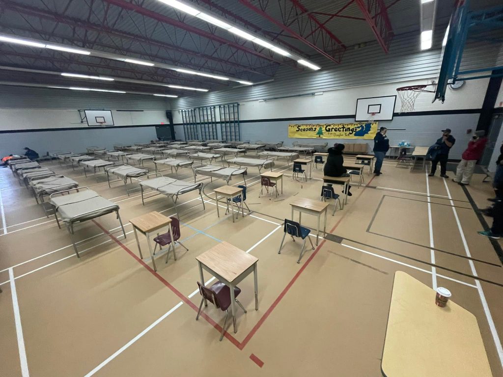A photo of a gymnasium in Langley which has been converted to a shelter for homeless people