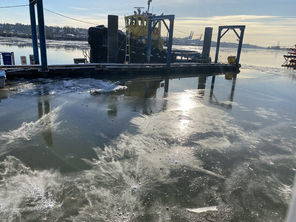 A photo of the frozen ice on the Fraser River in New Westminster