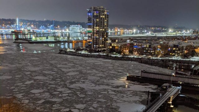 Ice floats on the Fraser River Tuesday as B.C. remains under an arctic outflow warning with chilly temperatures