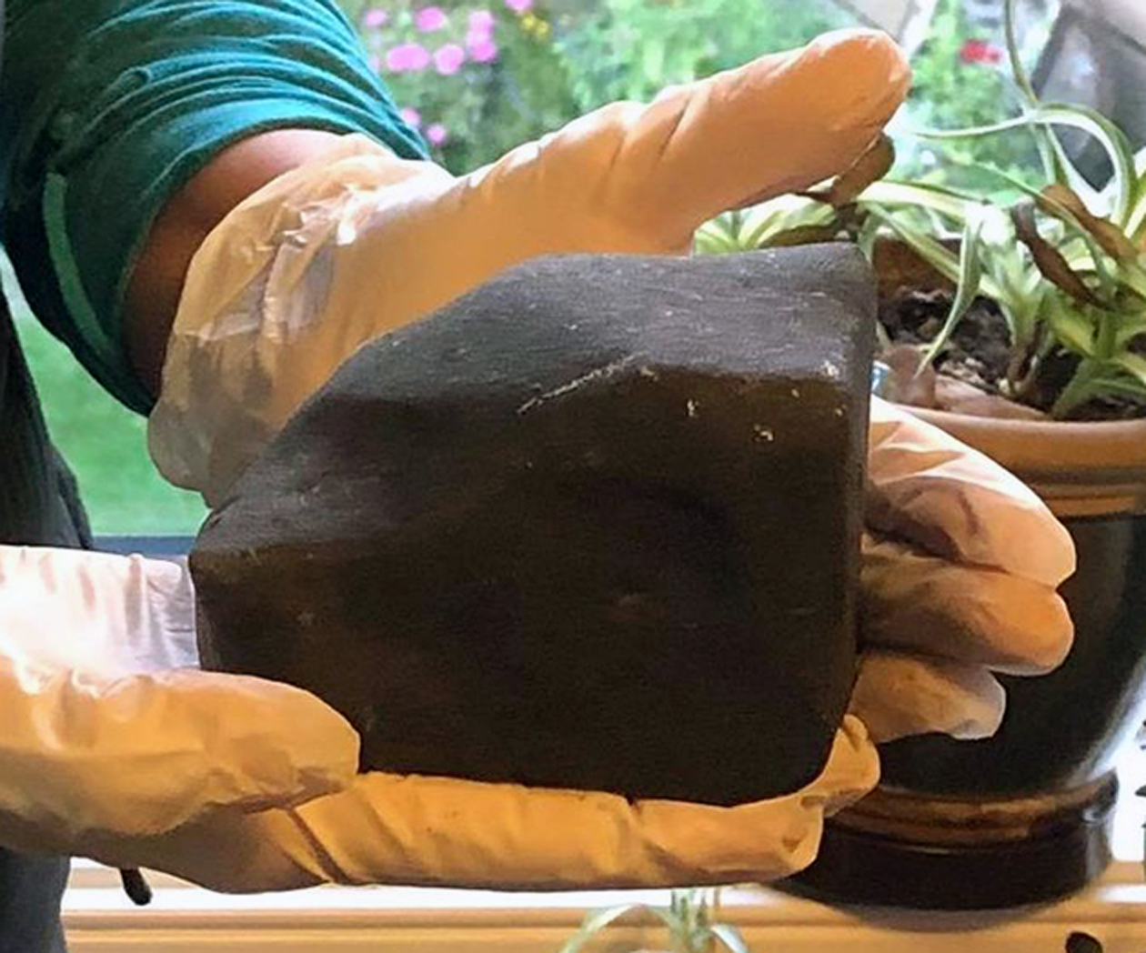 Gloved hands hold a meteorite up