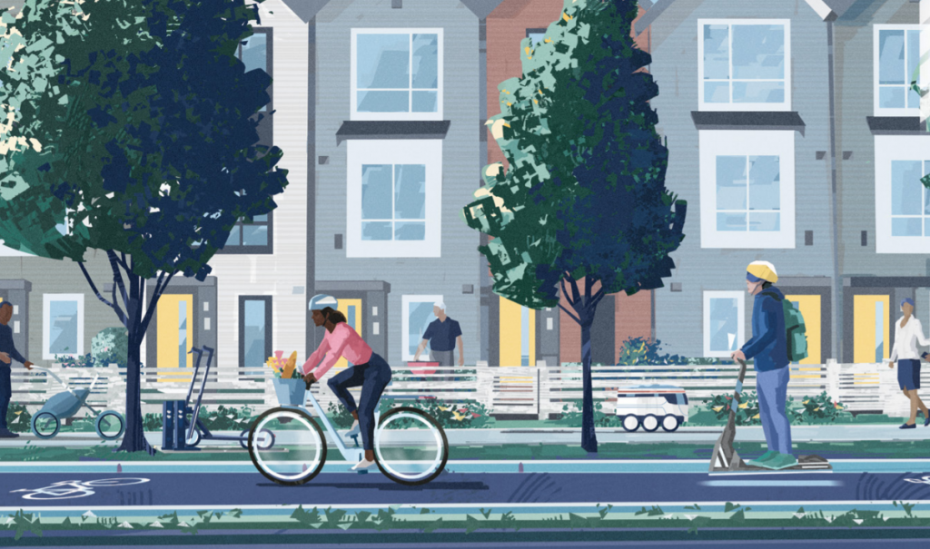 A drawing of people biking for the new transit plan