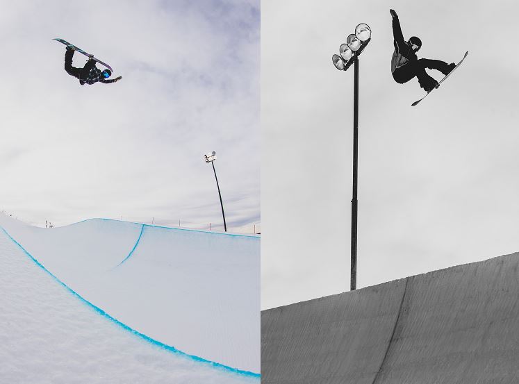 A side by side image of a snowboarder performing tricks in the air in a halfpipe