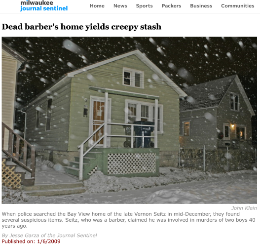 A screenshot of an online article from the Milwaukee Journal Sentinel that shows an image of a light green house with white trim as snow falls from the dark sky, with a headline that reads 'Dead barber's home yields creepy stash'