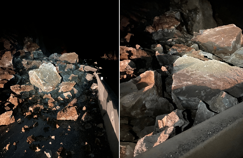 Two photos of a rockslide near Lillooet in B.C. along Highway 99
