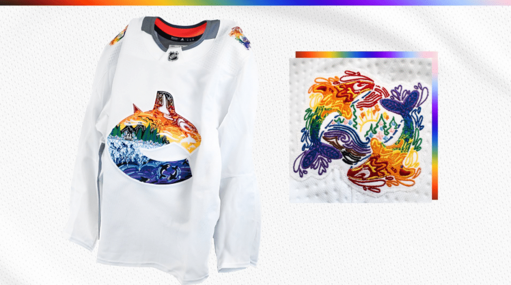 Vancouver canucks pride jersey features rainbows within the orca logo on a white backdrop, and lots of nature influences. 