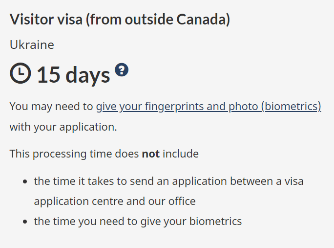 A screen grab of the canada.ca website which shows a two week wait for Ukrainians to get a visa for Canada