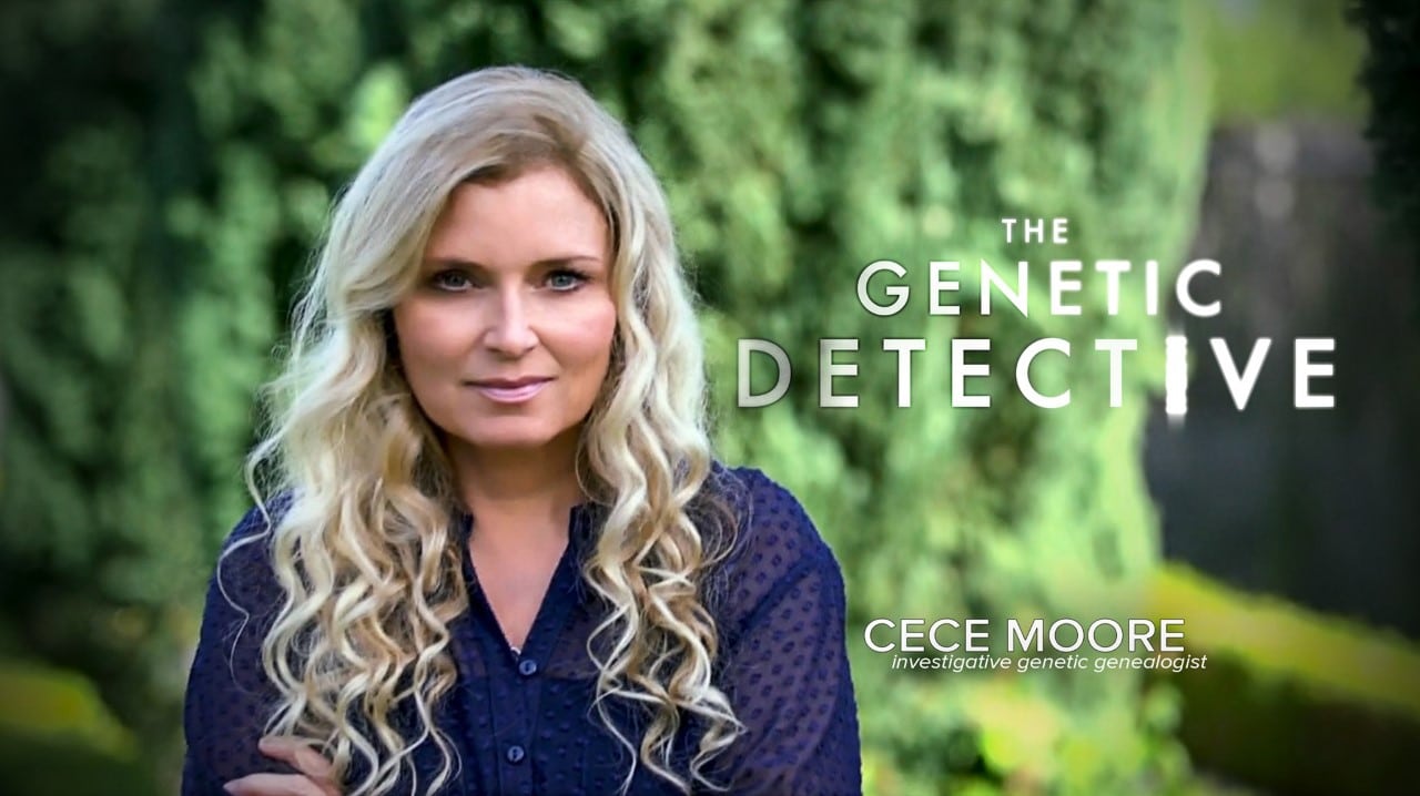 Genetic genealogist Cece Moore stands in front of greenery with the words 'The Genetic Detective' written in white on the right