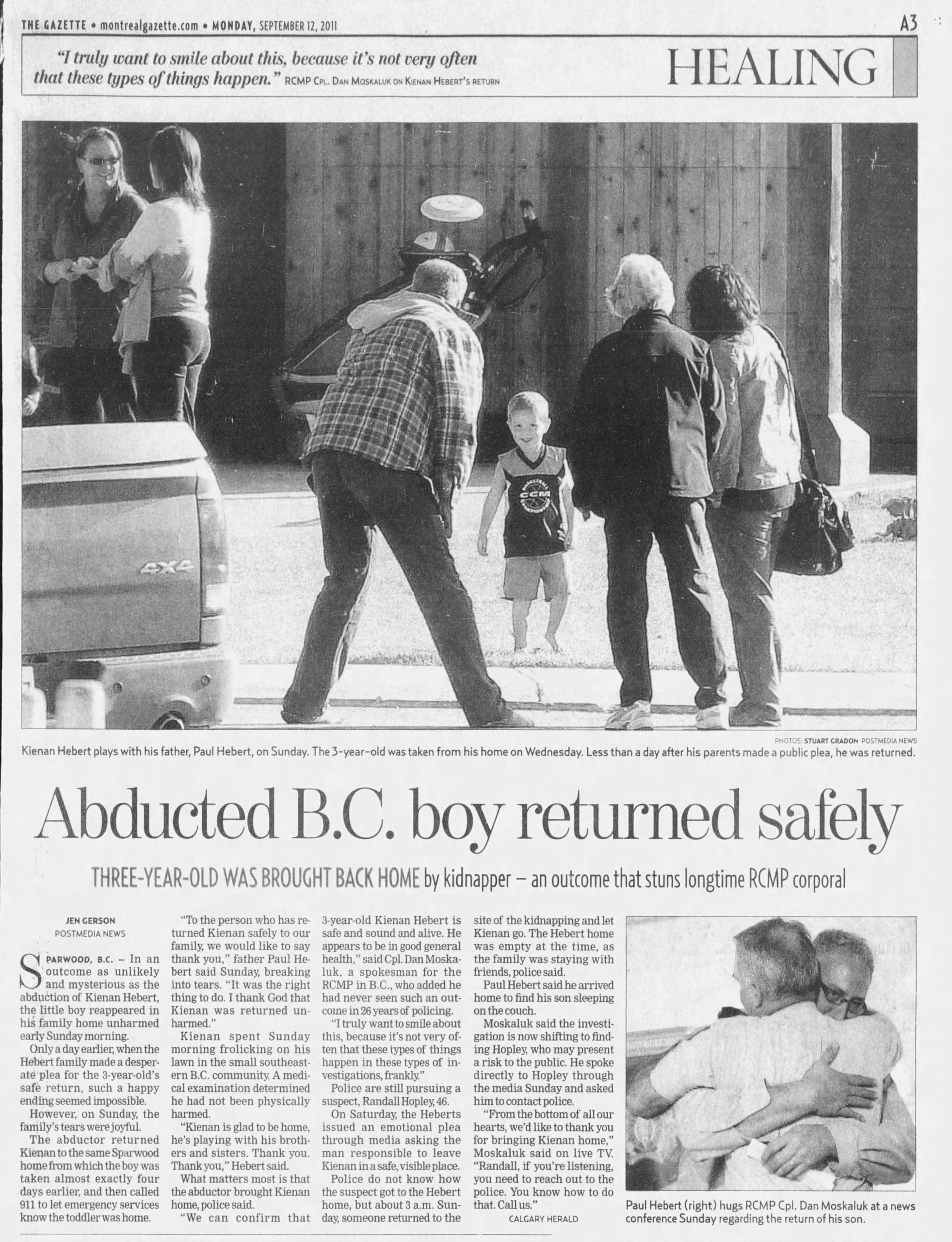 A newspaper clipping from the day Kienan Hebert returned home after being abducted in B.C.