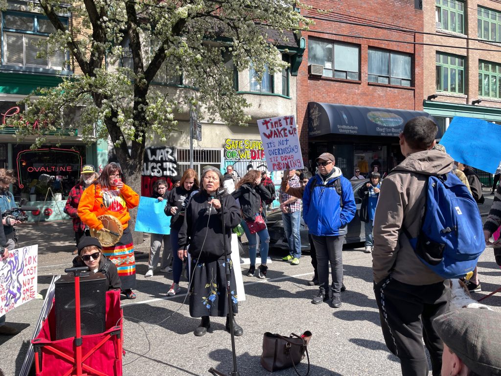 Calling for safe supply and more harm reduction services, many spoke ahead of the march to commemorate the anniversary of B.C.'s public health emergency