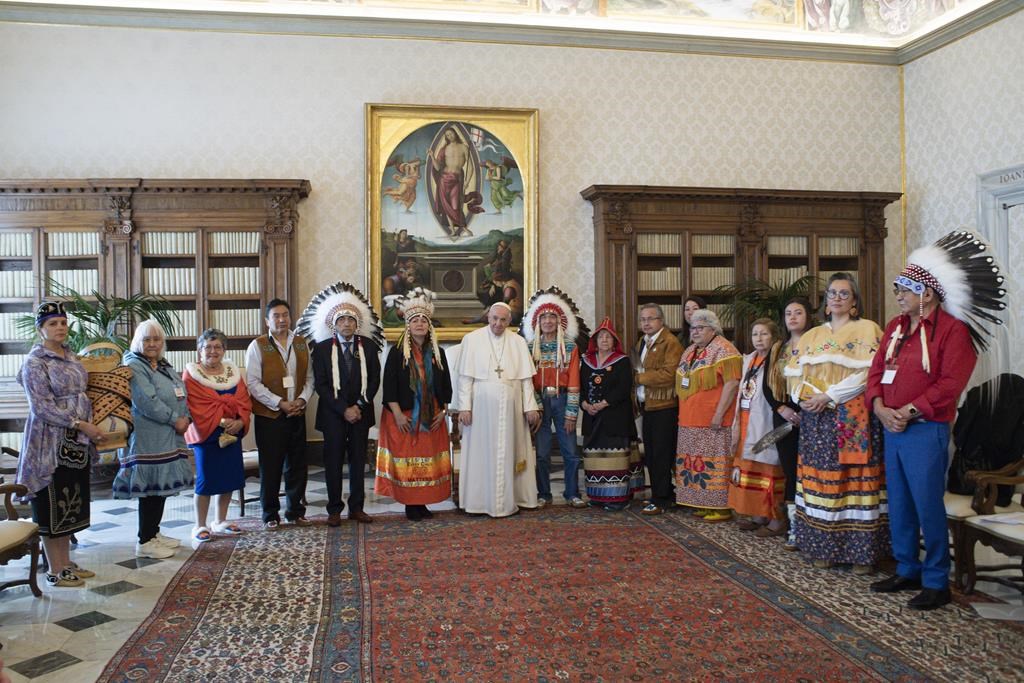 The First Nations delegation meeting with Pope Francis at the Vatican is seen in this handout image received April 1, 2022. THE CANADIAN PRESS/HO-Vatican Media