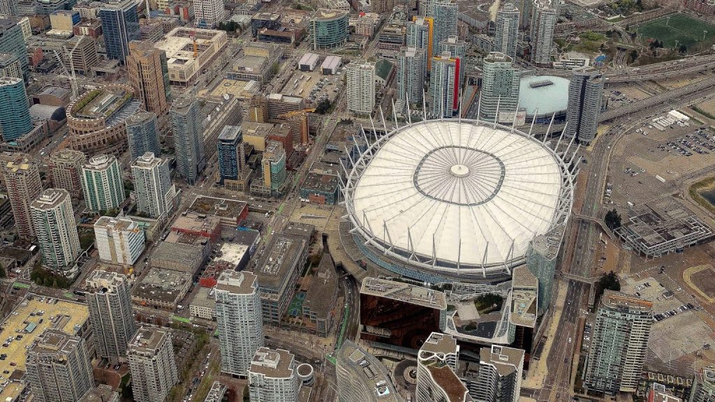 Downtown Vancouver and BC Place are seen from above in this aerial shot