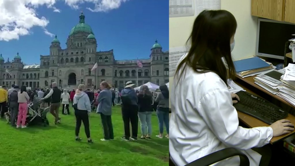 A side by side image. On the left, a crowd on the left gathering on the grass outside the BC Legislature. On the right, a doctor wearing a white lab coat sits at a computer