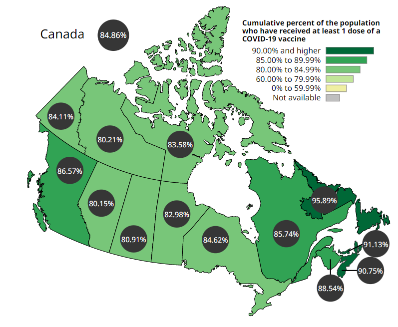 A map of Canada's immunization rates by province show the highest rates in Atlantic Canada. (Canada.ca)
