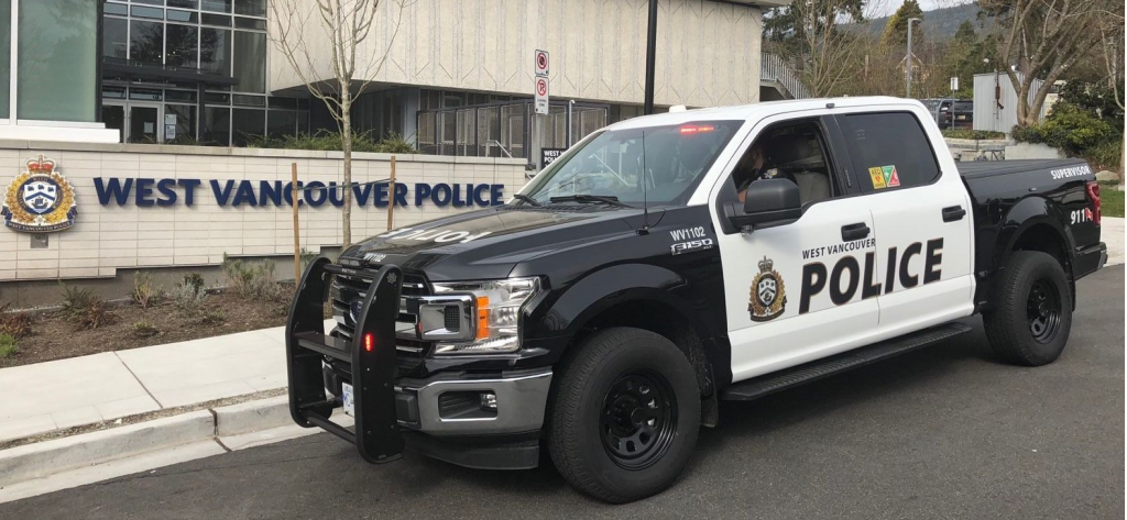 A West Vancouver police truck is pictured in front of the detachment