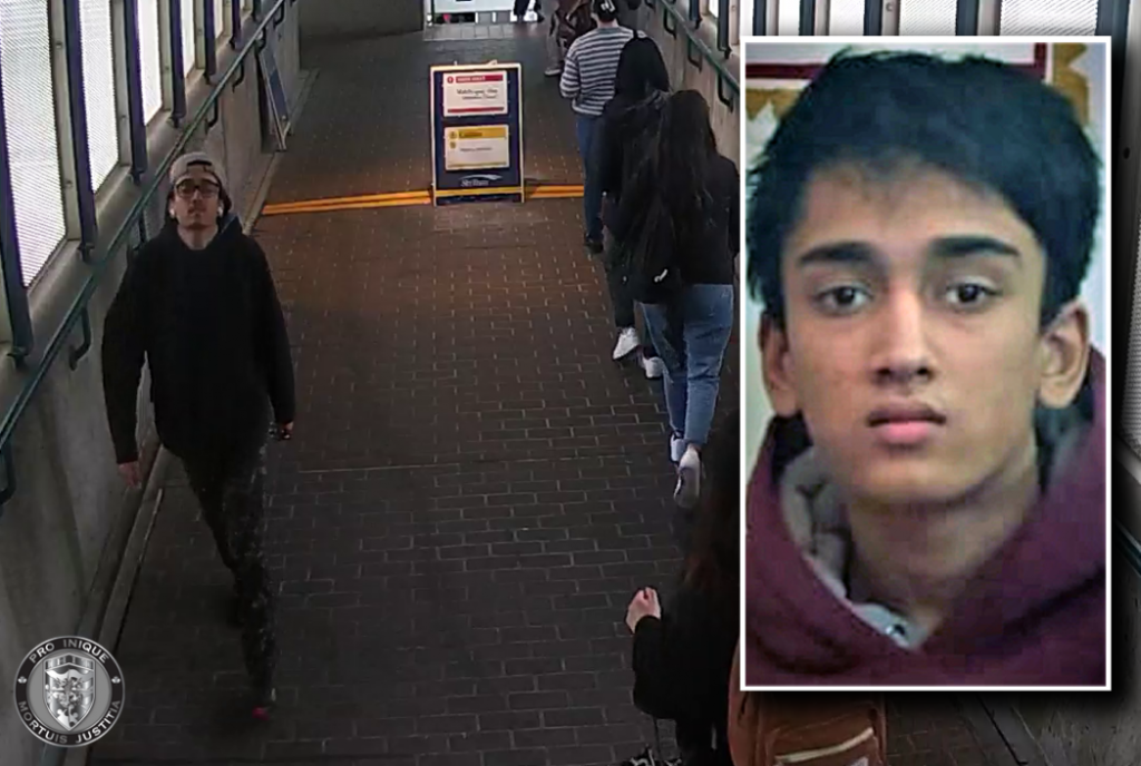 A composite image shows Burnaby teen Maanav Kinkar walking through a SkyTrain station on the left, with another image on the right showing a portrait image of him