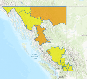 B.C. map which shows parts of the province under a flood watch, and others in a high streamlow advisory as of Monday, June 6