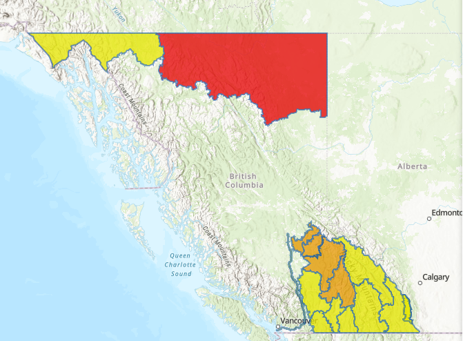 The River Forecast Centre has placed parts of northern B.C. under a flood watch (red) as river levels have exceeded bankfull. Parts of the interior are under a flood watch (orange) and others remain under an advisory (yellow) (Courtesy: http://bcrfc.env.gov.bc.ca/)