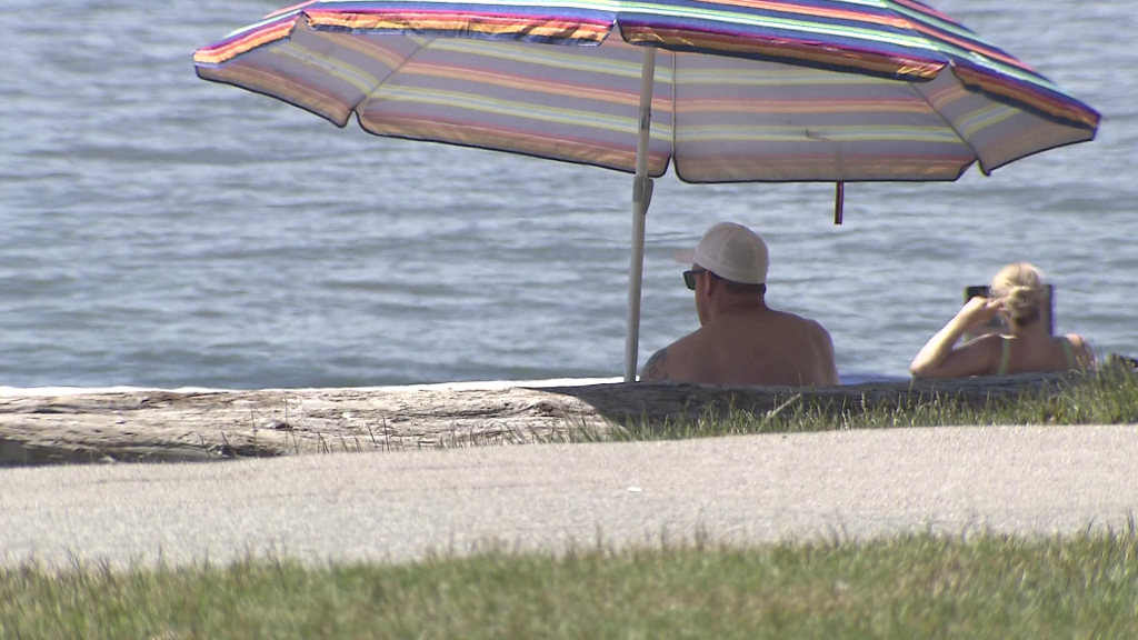 A man sits under an umbrella in the sun by the water along the beach