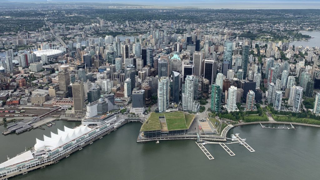 An aerial view of Downtown Vancouver, pictured looking south