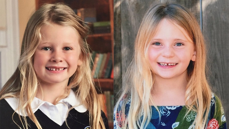 A side by side image shows two little girls in portrait-style photos. Both girls have long blonde hair and are smiling