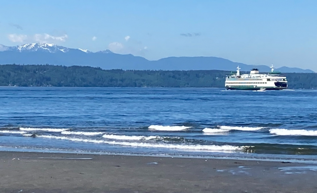 A Washington state ferry is seen sailing in the water off of a beach