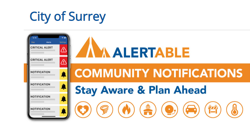 The Alertable App notifies users of events, including heat warnings, and the City of Surrey is encouraging residents to sign up. (alertable.ca)