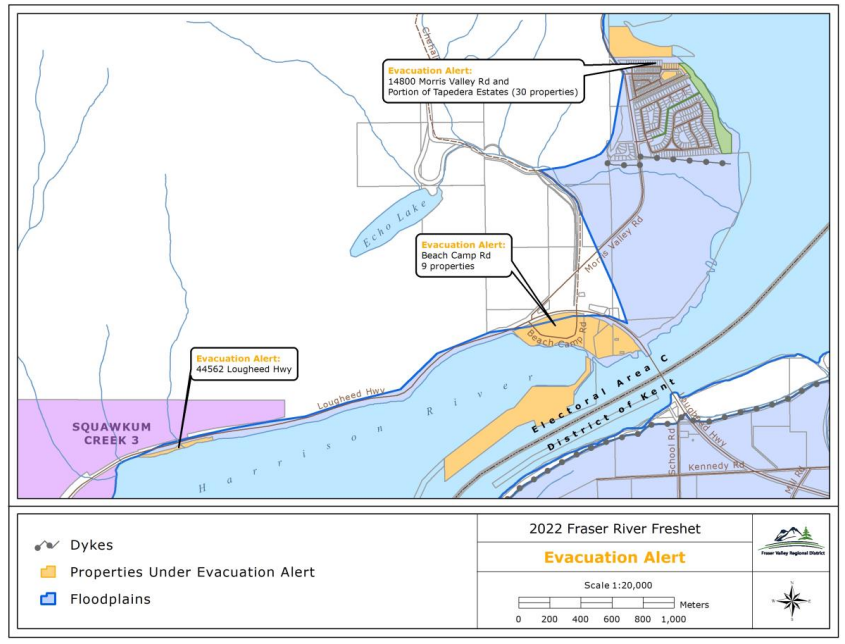 An evacuation alert has been issued for 40 properties in the Harrison Mills area (Electoral Area C) due to the threat of flooding. (Emergency Info BC)