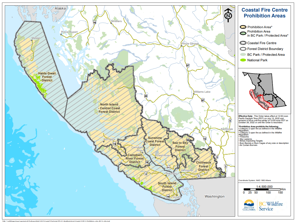 A map showing the Coastal Fire Centre region of B.C.