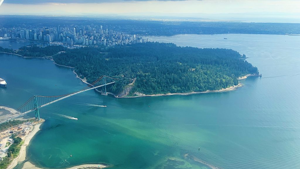 Vancouver's Stanley Park is pictured from the air, with the Lions Gate Bridge and downtown also pictured