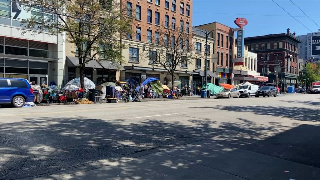 Tents line East Hastings Street on Vancouver's Downtown Eastside