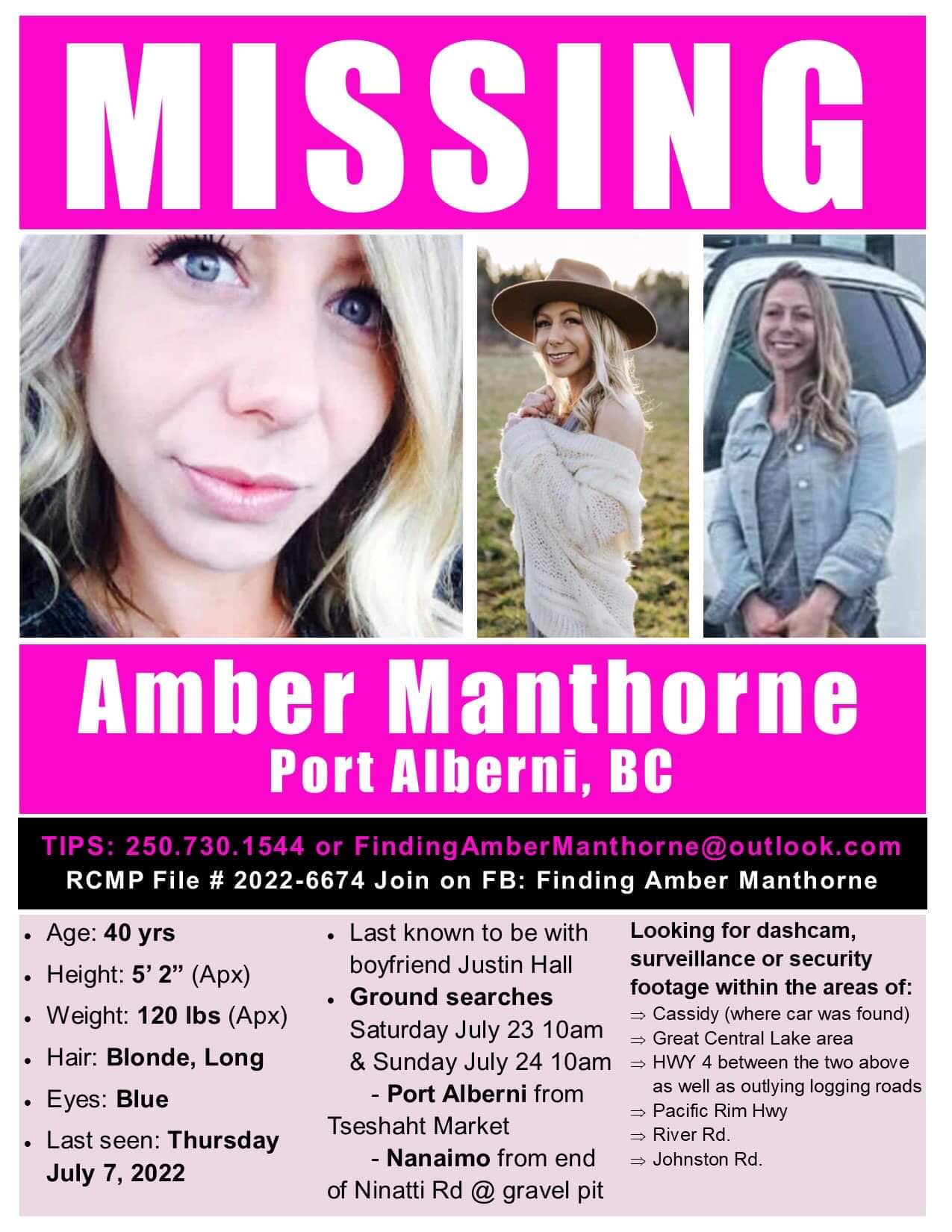 A missing person poster with the word MISSING in large at the top features three photos of a woman