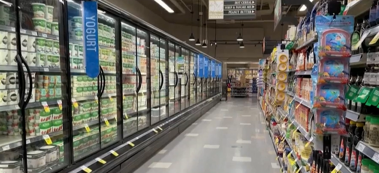 The frozen foods section of a grocery store