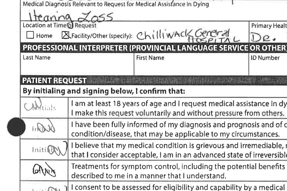 Medical request form for euthanasia filled out by Alan Nichols