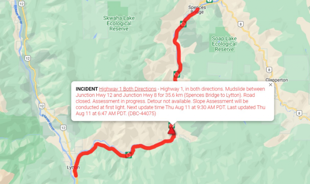 A map showing a road closure between Lytton and Spences bridge