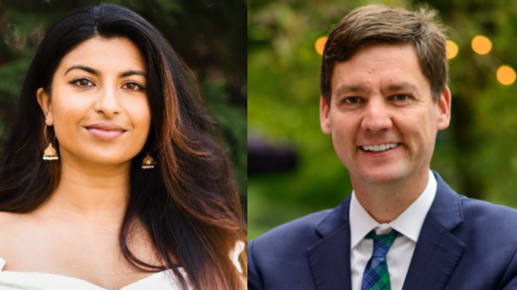 A side by side image of Anjali Appadurai on the left and David Eby on the right