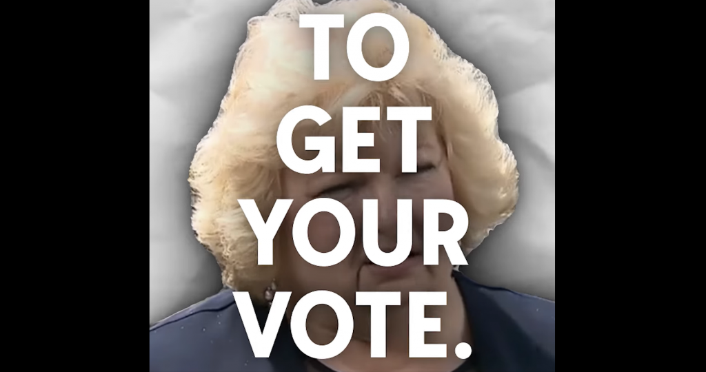 The words "To get your vote." in white are overlaid on a photo of the face of a woman with short, blonde hair