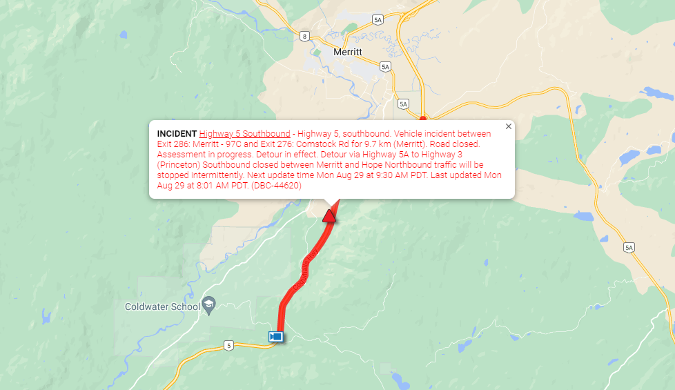 A map shows a section of the Coquihalla is closed due to a vehicle incident south of Merritt