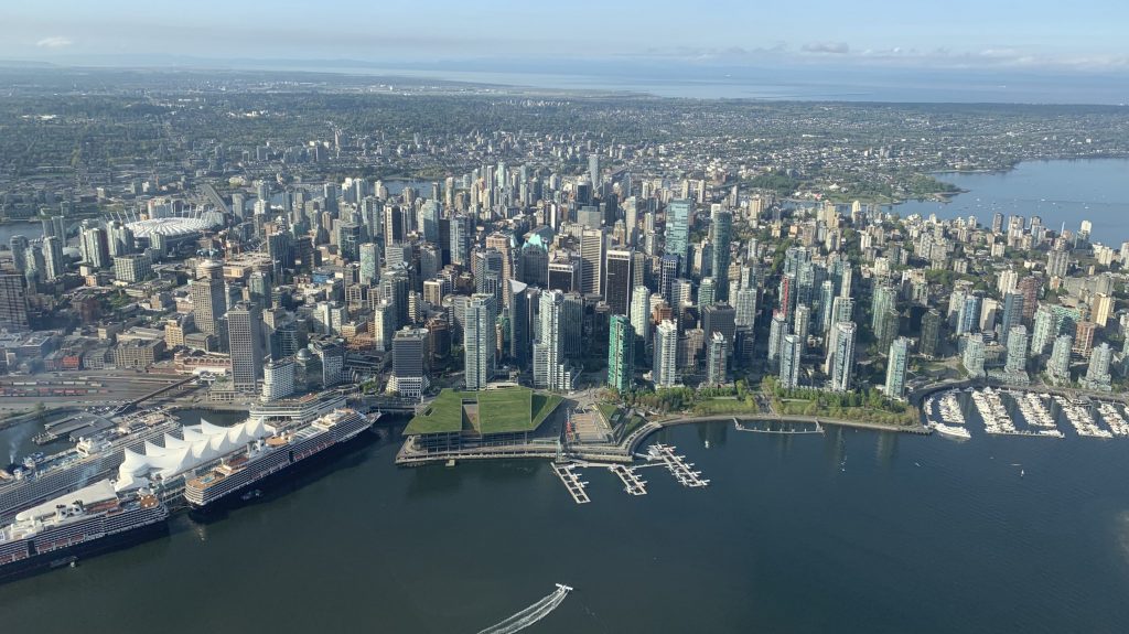 An aerial view of downtown Vancouver from the north