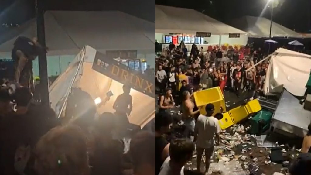 A side by side image showing a tent flipped over and people protesting on the left while an image on the right shows a large crowd flipping over garbage cans