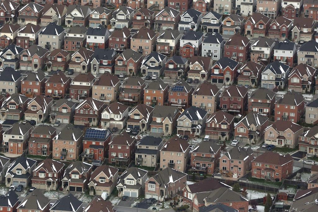 An aerial view of houses in Oshawa, Ont. is shown
